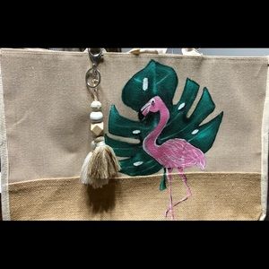 🦩🌺🦩2 Piece Set… Hand Painted, Eco-Friendly Burlap Bag with Tassel!